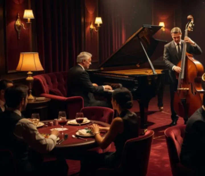 Dimly lit bar with warm brass lighting and live jazz ambience.