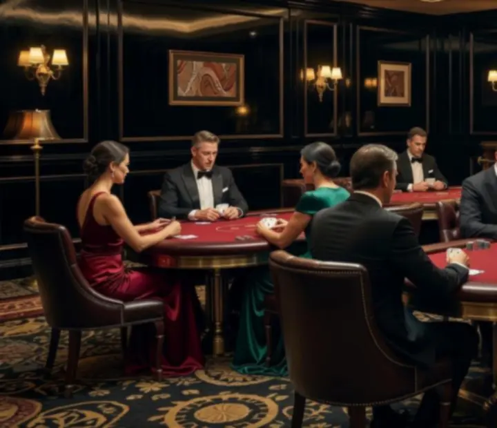 Luxurious offline poker card lounge at Marblean Dchance with custom poker tables and deep velvet seating.