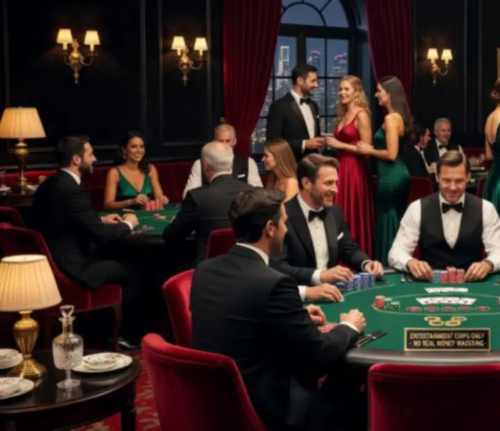 Card lounge event with custom poker tables, ambient lighting, and guests enjoying table games