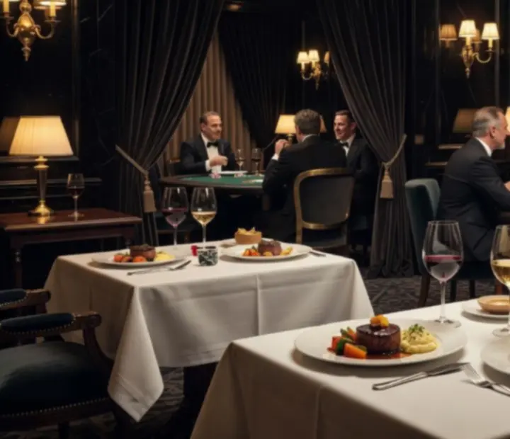 Culinary showcase evening with gourmet dishes and wine pairings beside poker tables.