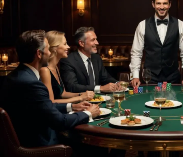 Professional dealer providing tableside service beside plated dishes.