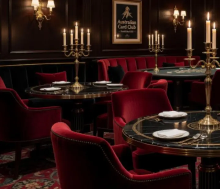 Candle-lit card lounge dining room with crimson velvet seating and obsidian tables.