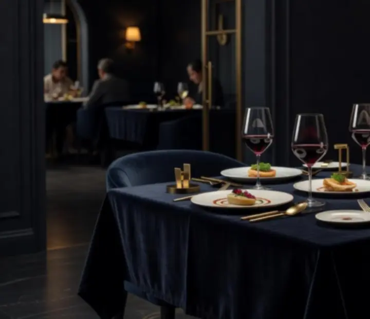 Gourmet dining plates and wine glasses arranged beside a poker table.