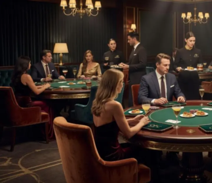 Signature offline poker gala inside a dark luxury card room with gourmet dining tables.