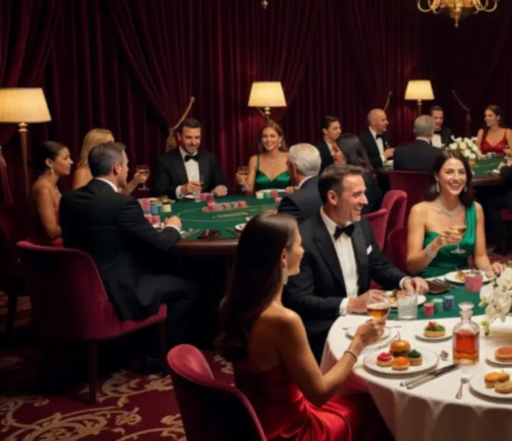 Offline poker lounge gala with candlelit poker tables, guests, and fine dining settings.