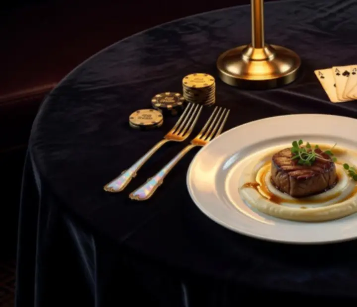 Gourmet dining plates and wine pairings served next to an elegant card lounge