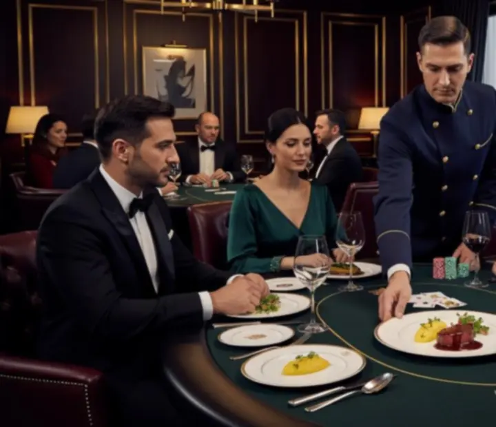 Fine dining dishes and wine pairings being served directly to poker tables.