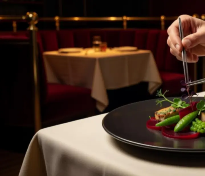 Chef plating a gourmet modern Australian dish under warm lighting.
