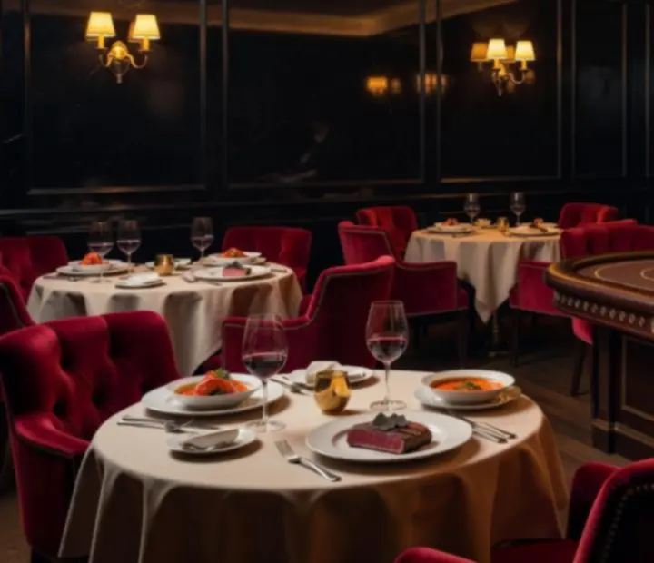 Lavish offline poker lounge with custom poker tables integrated into a fine dining restaurant setting