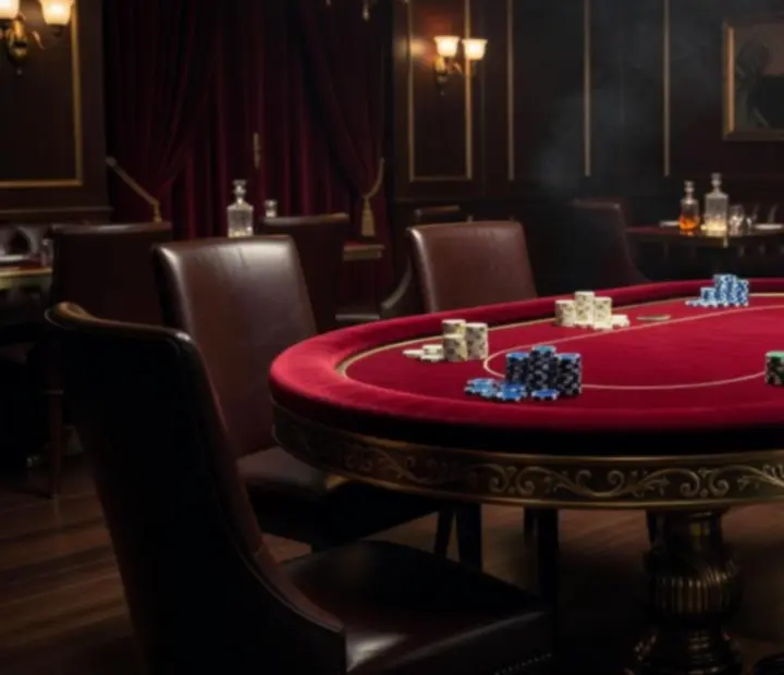 Dramatic offline poker table set beneath warm lighting with fine-dining place settings
