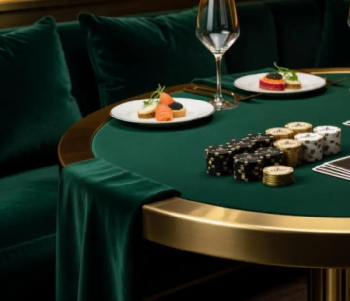 Reserved private poker table with custom seating, dining settings, and warm brass lighting