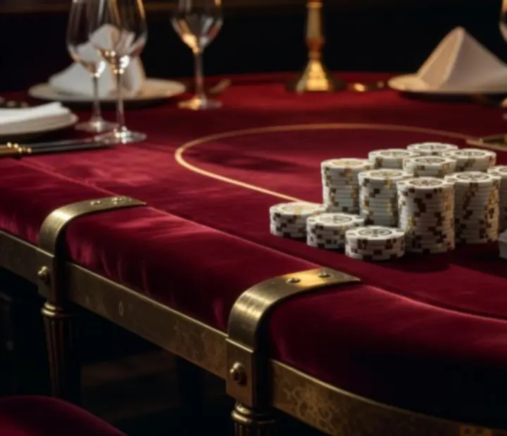 Signature poker table with crimson felt, entertainment chips, and refined brass details