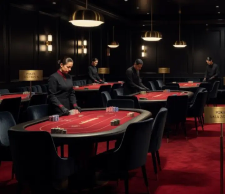 Full venue setup with dining tables and poker tables prepared for a large private event.