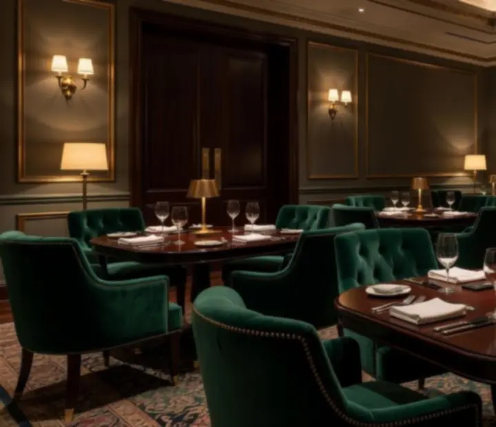 Luxury card lounge interior with poker tables, warm brass lighting, and fine-dining seating
